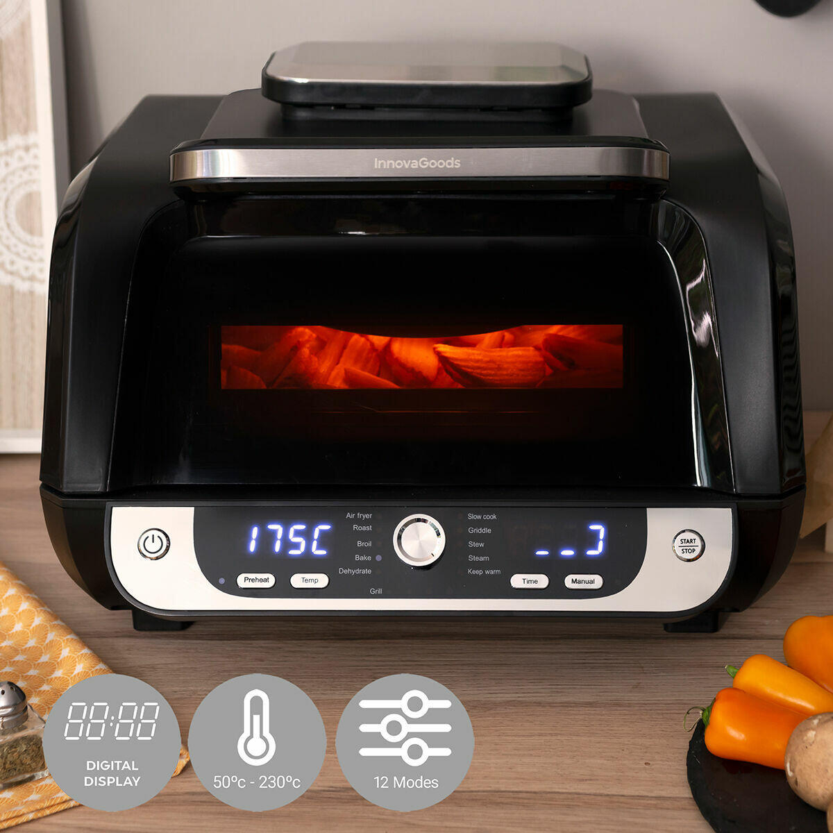 Freidora de Aire con Grill, InnovaGoods Fryinn 12-in-1 6000 Negro Acero 3400W 6L
