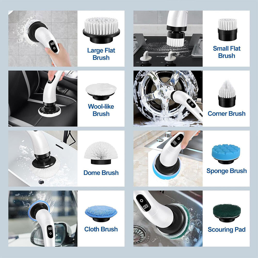 Cepillo de Limpieza Recargable con Mango Extensible y 9 Accesorios